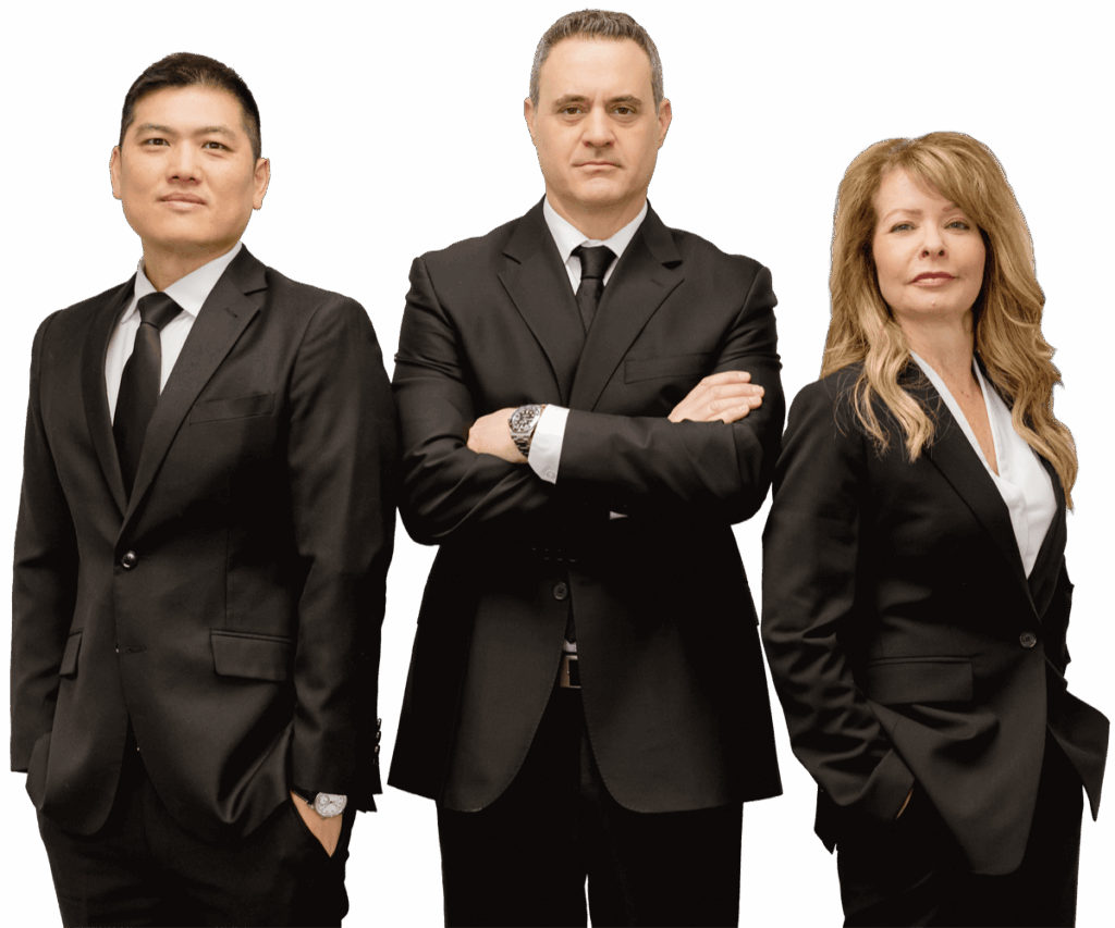 Three lawyers, Mark Epstein, Roy Hwang, and Alison Pengelley, stand together wearing business suits